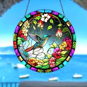 Suncatcher Hummingbird Flowers Hanging Window Decor Art Colorful In/Outdoor NEW